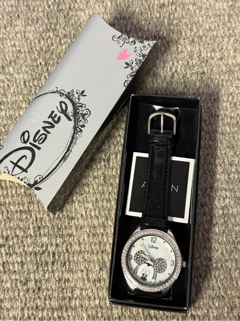 Disney Women's Black and Silver Mickey Crystal Accent Watch